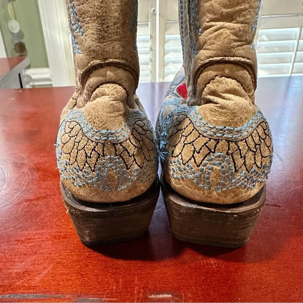 Corral Tan Leather Kids Cowboy Boots with Red Heart and Blue Wing Embroidery